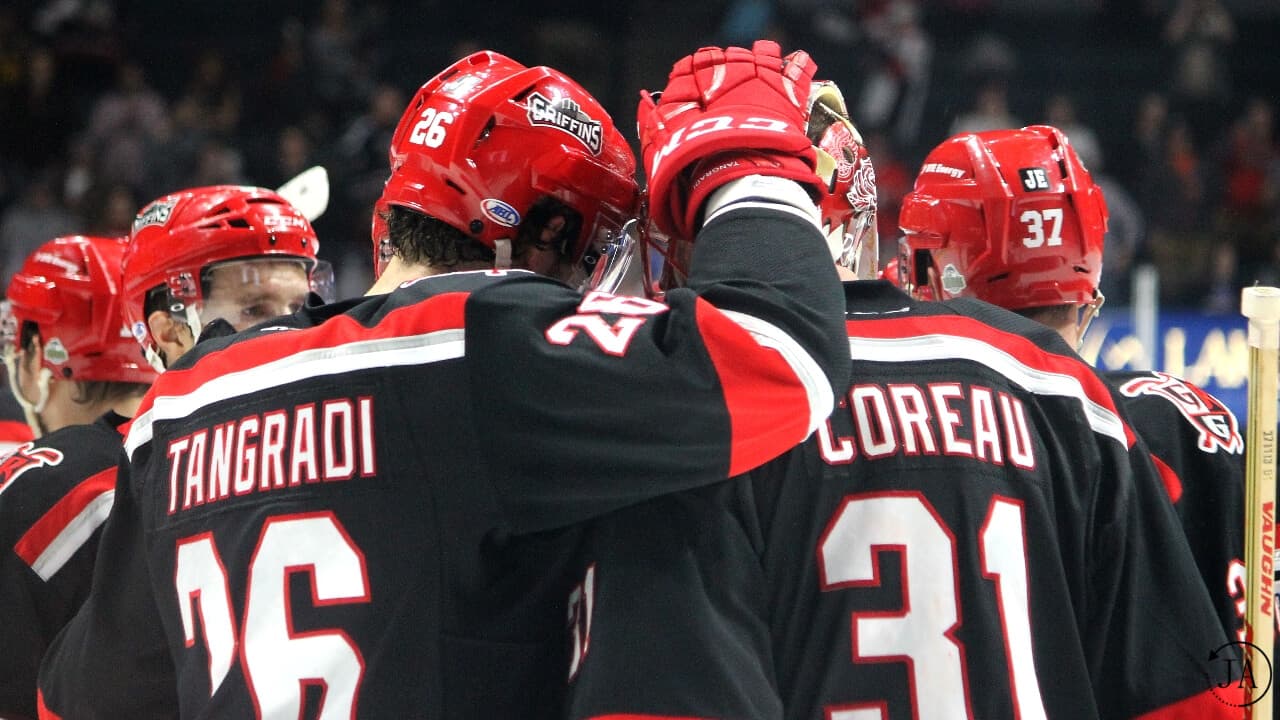 win, griffins hockey, playoff win, game four, grand rapids griffins, jared coreau, shutout, eric tangradi